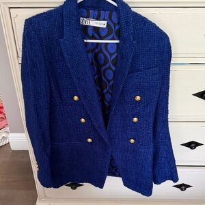 Zara Women's Royal Blue Blazer with Gold Accents